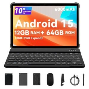 PRITOM 10.1" Android 15 Tablet – 8-Core, 64GB with Keyboard, Mouse, Case & Stylus
